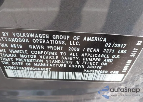 2017 Volkswagen Passat 1.8T Sel Premium z USA, uszkodzony, nr VIN 1VWCT7A36HC054867